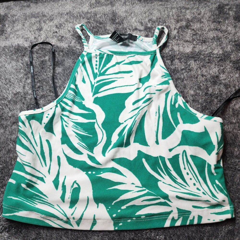 Forever 21 Bold Floral White And Green Tank Crop Top Women Size Medium